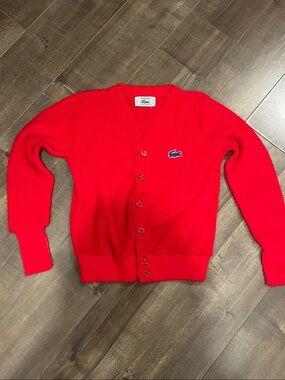 Lacoste Bright Red V-Neck Button Cardigan with Embroidered Crocodile